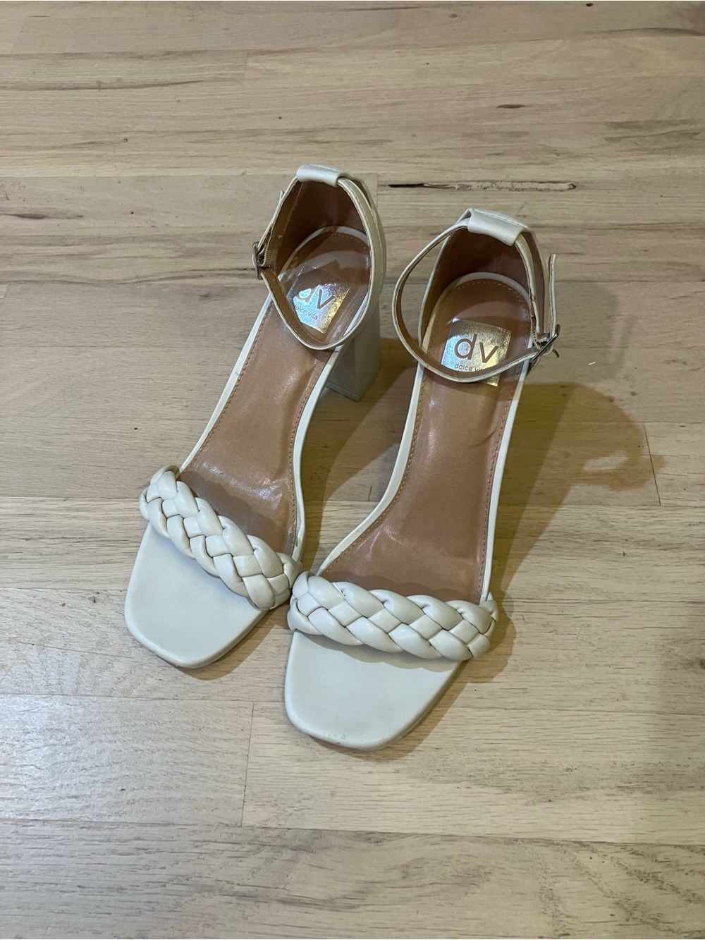 DV by Dolce Vita Ivory Braided Ankle-Strap Block Heels